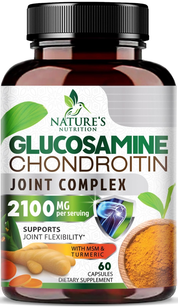 Glucosamine Chondritin MSM 2100mg Complexe - Supplément de soutien pour la mobilité et le confort conjoints pour les hommes et les femmes avec Turmeric & Boswellia, Suppléments de glucosamine Triple Strength - 60 Capsules