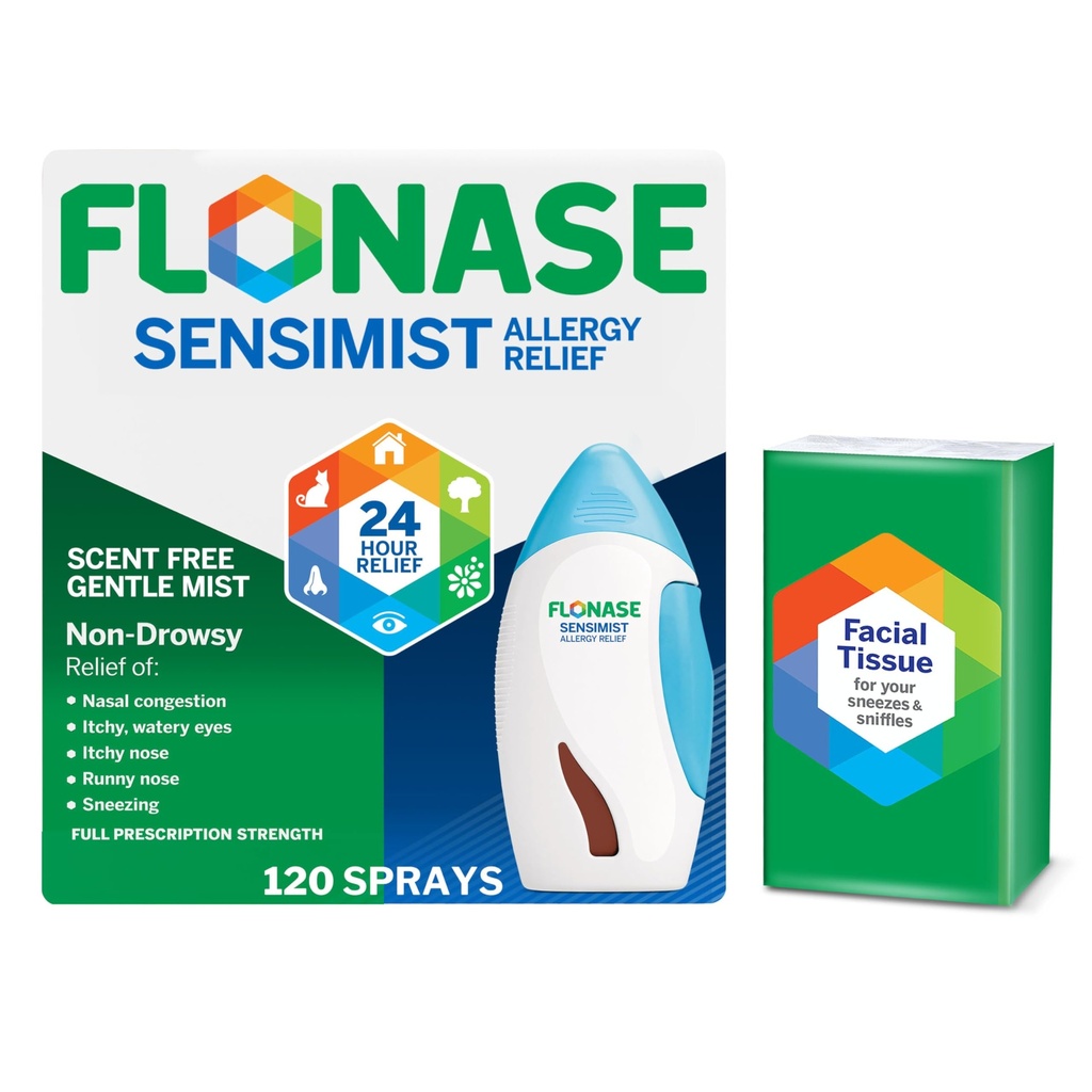 Flonase sensimist Allergie Relief Neusspray - Niet-Drowsy 24HR Langdurend Allergie Relief met Fine, Scent-Free Mist - 120 Sprays Plus Bonus Pack van weefsels