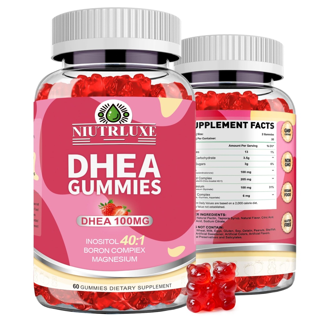 DHEA Gummies, DHEA Supplementen voor Vrouwen, DHEA 100mg Kauwbaar met Boron, Inositol en Magnesium, Pro-Aging, Ovarian Support, Slaapondersteuning, Veganist, 60 Tellingen