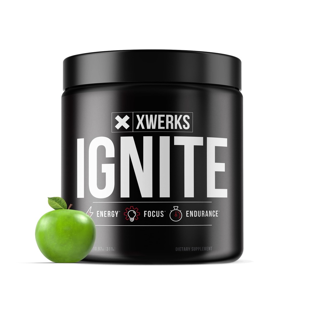 Xwerks Ignite Green Apple pré-entraînement en poudre, Keto pré-entraînement naturel pour les femmes et les hommes avec l'énergie explosive, mélange sans gluten pour l'endurance et l'endurance, 150mg caféine, 30 portions