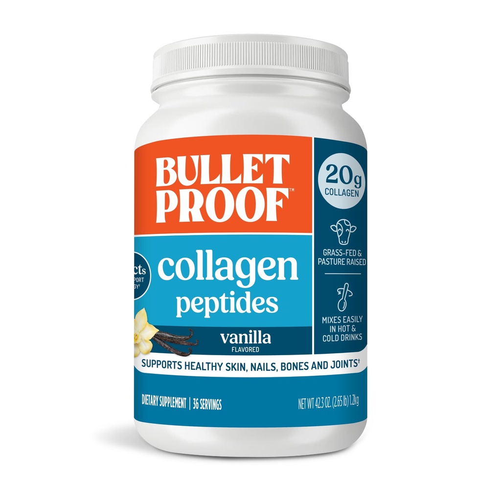 Kogelvrij Vanille Collageen Proteïne Poeder met MCT olie, 19g Proteïne, 42,3 Oz, Waardegrootte, Collageen Peptiden en Aminozuren voor gezonde huid, botten en gewrichten