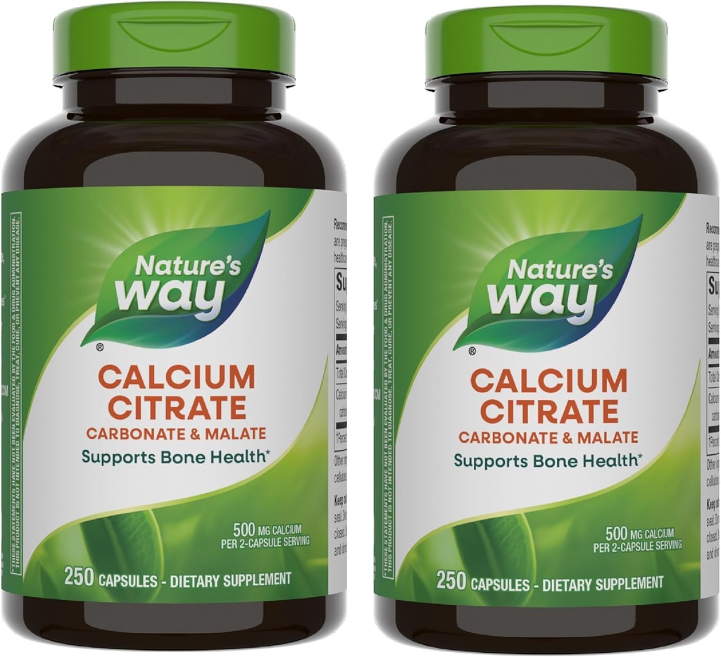 Nature's Way Citrate de calcium, 500 mg de calcium par portion de 2 capsules, pour la santé osseuse et la fonction musculaire*, mélange de citrate, de carbonate et de malate, sans gluten, 250 capsules (paquetage May Vary) - 2 boîtes