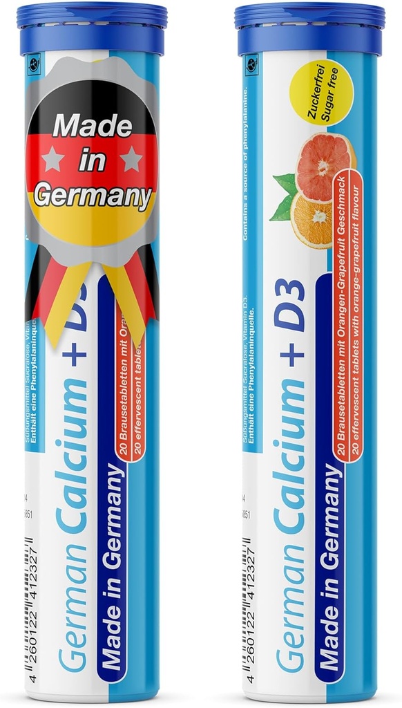 German Calcium + VIT. D - 40 Vegetarian Drink Effervescent Tablets - Orange-Grapefruit Flavor - Made in Germany