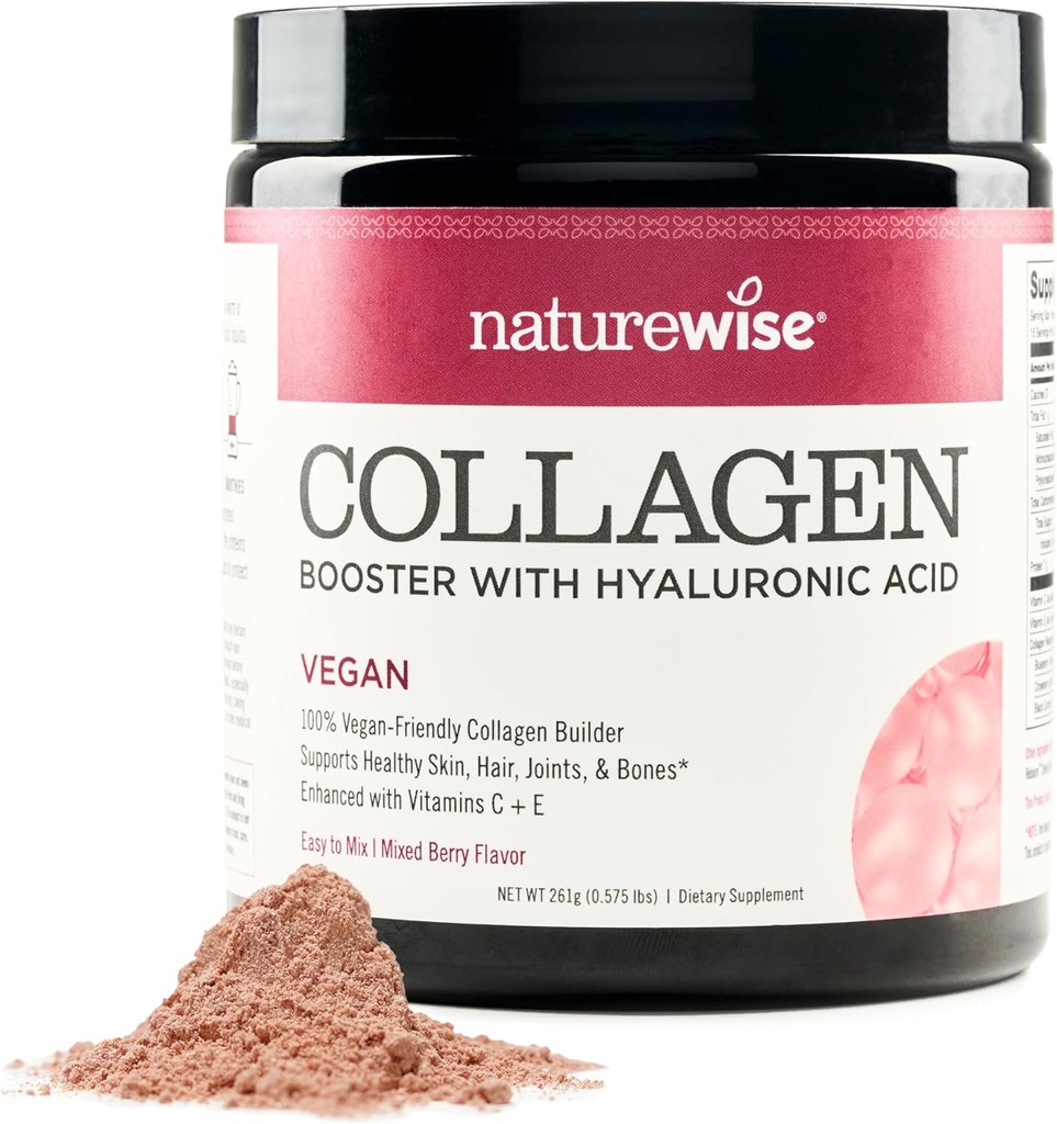 NatureWise Vegan Collageen Powder - Booster Formula for Healthy Hair, Skin, & Nails with Hyaluronic Acid, Vitamin C and E, Protein - Mixed Berry Flavor - Dairy-Free, Non-GMO - 15 serves