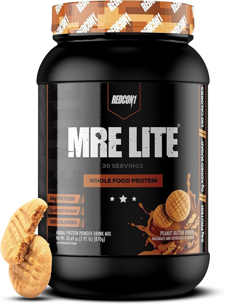 REDCON1 MRE Lite Whole Food Protein Powder, Peanut Butter Cookie - Low Carb & Wehey Free Meal Replacement with Animal Protein Blends - Easy to Digest Supplement Made with MCT Oils (30 Servings)