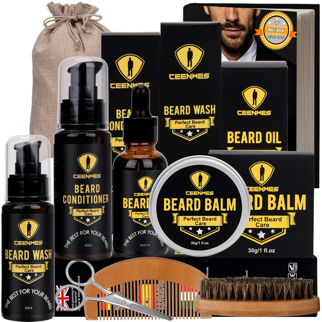 Ceenwes Upgraded Beard Grooming Kit - Conditioner, Olie, Borstel, Comb, Balsem, Schaar, Opbergzak voor baard en snor trimmen, Perfecte herencadeau