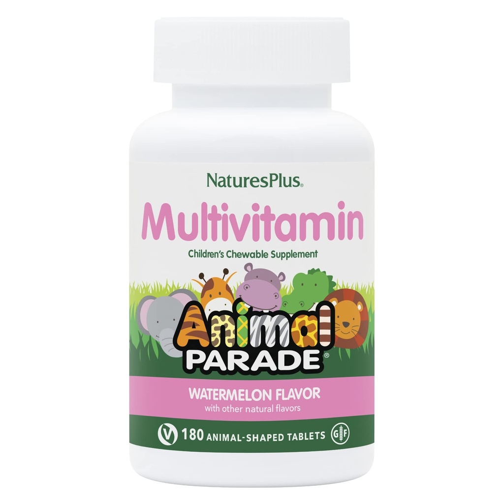 Natures Plus Dierenparade Kinderen Kauwbare Multivitamine, Watermeloen - 180 Animal Shaped Tablets - Bevordert gezondheid en welzijn - Veganistisch, Glutenvrij - 90 porties