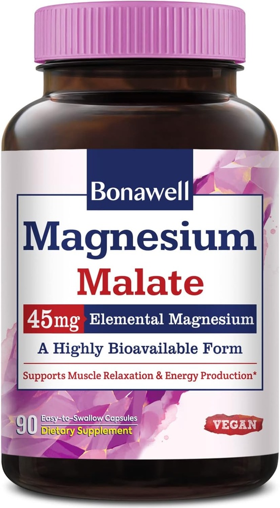 Bonawell Magnesium Malaat, gebonden aan Malic zuur, hoge absorptie, 45 mg elementair magnesium, spierontspanning en energieproductie, makkelijk doorslikken Caps, Geen Gluten Soja & Dairy, Vegan & Non-GMO, 90 Ct
