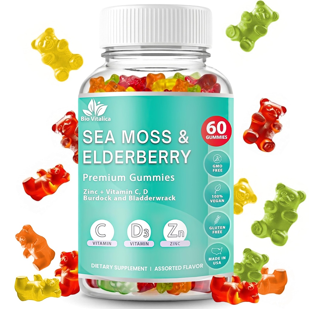 BIO VITALICA Sea Moss Gummies Elderberry BioVitalica - Vitamine C D + Zink - Ierse Seamoss Vegan Gummy with Sea Moss Gel & Powder for Immunity, Detox - voor volwassenen en kinderen