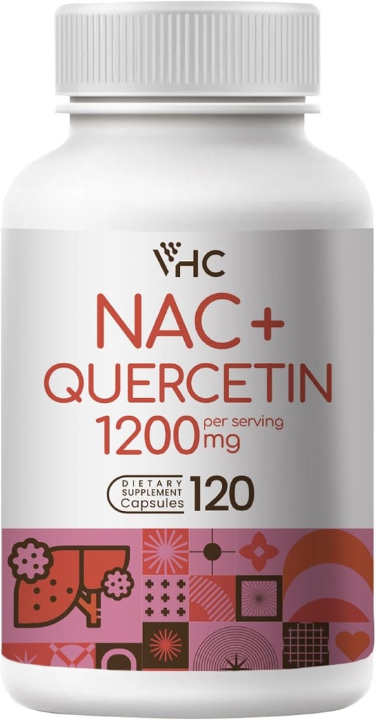VHC NAC Supplement,Acetyl L-Carnitine1200mg Plus Quercetine, Optimumdosis (1200mg + 100mg), 2 in 1 Dual Action Formula N-Acetyl-L-Cysteine met Quercetine, voor Respiratory, Lever, Immune, Made in USA