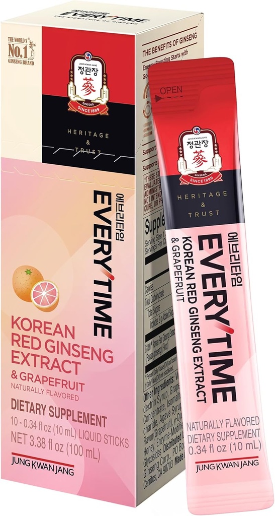 JUNG KWAN JANG Everytime Korean Red Ginseng Extract 1000mg & Grapefruit - Vegan Ginseng Root Energy Drink Liquid Stick Supplementen - Builds Stamina & Immunity, No Cafeine (10 Sticks, 0,34 fl oz)