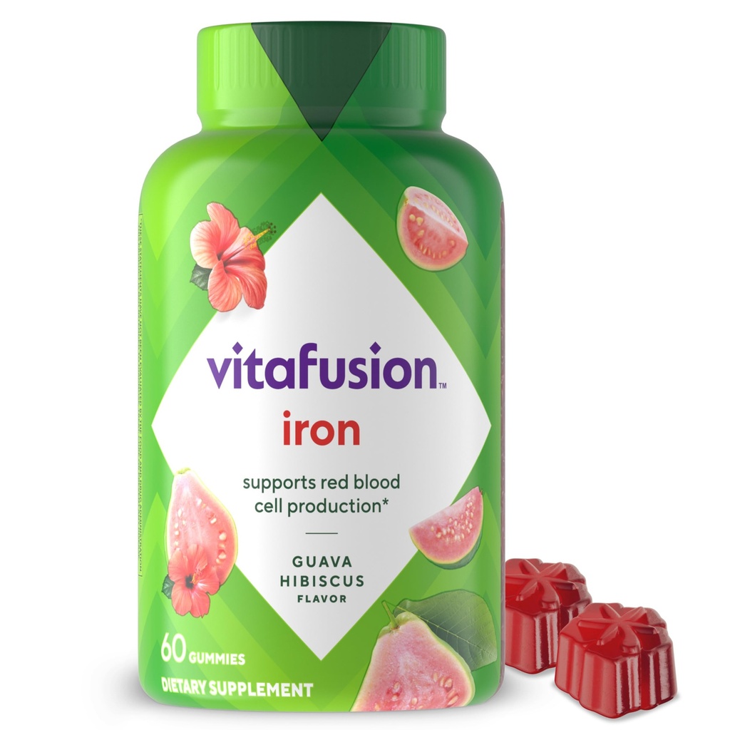 Vitafusion Iron Gummy Vitamine Supplement, Ondersteunt de productie van rode bloedcellen*, Guava Hibiscus smaak, 30 porties, 60 Tellen