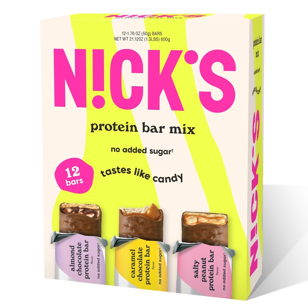 Nick's Protein Bars Chocolate Variety Pack High Protein, Low Calories, Low Carb Keto Friendly Snacks Pas d'ajout de sucre, d'arachide salée, de caramel de chocolat et de chocolat amande (12 Pack)