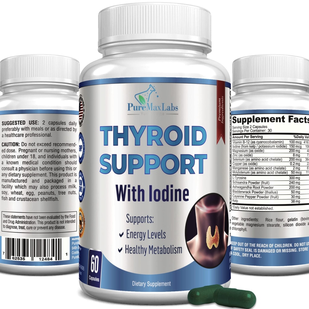 Schildklierondersteuning met jood - Metabolisme Booster, Energie Booster, Verhoog Focus - Premium Non-GMO Schildklier Supplement 60 Capsules