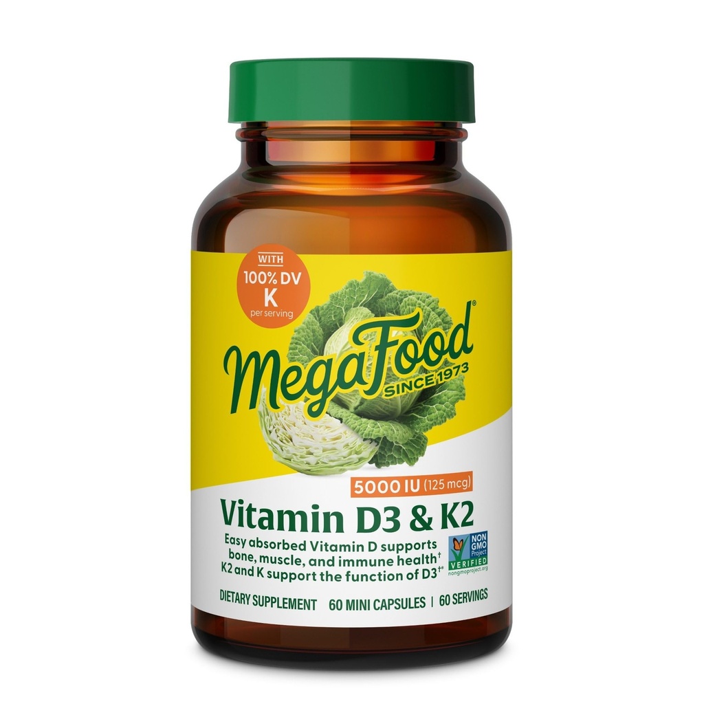MegaFood Vitamine D3 5000 IE (125 mcg) - Vegetarische Supplementen met Vitamine D3 K2 - Ondersteunt Bones, Tanden, Spieren & Immune Health - Gecertificeerde Non-GMO - 60 Mini Capsules, 60 Servers
