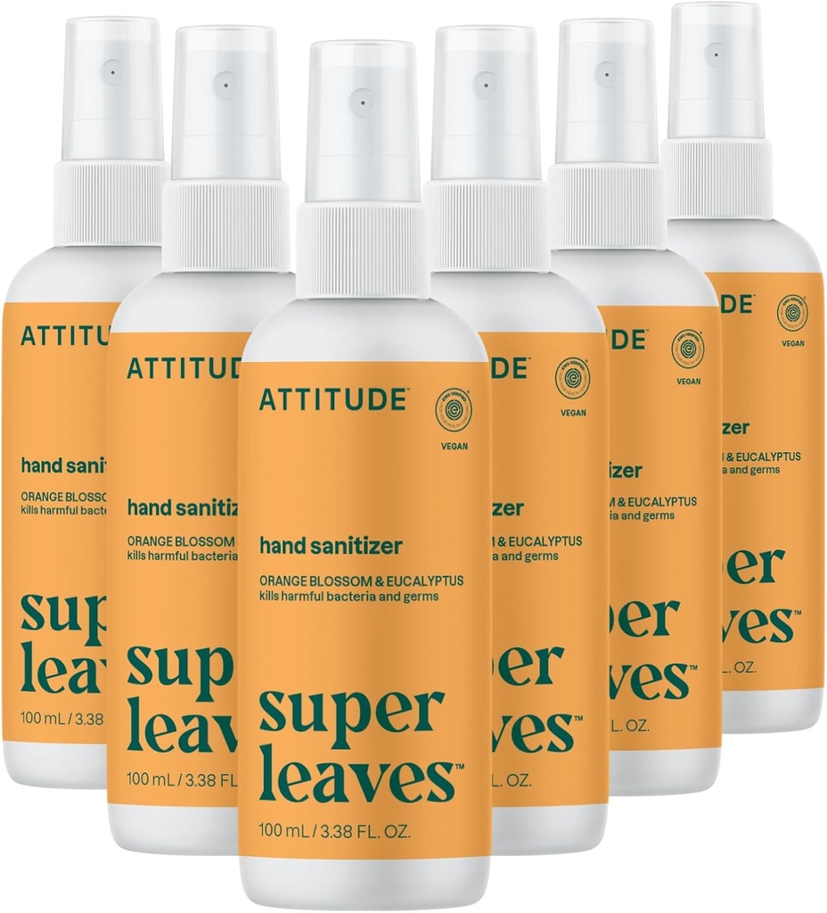 ATTITUDE Hand Sanitizer Spray, EWG Verified, Kills Germs & Bacteria, Vegan & Plant-Based, Safe for Adults & Kids, Orange Blossom & Eucalyptus Scent, 3,38 Fl Oz (Pack of 6) (Spray Bottle)