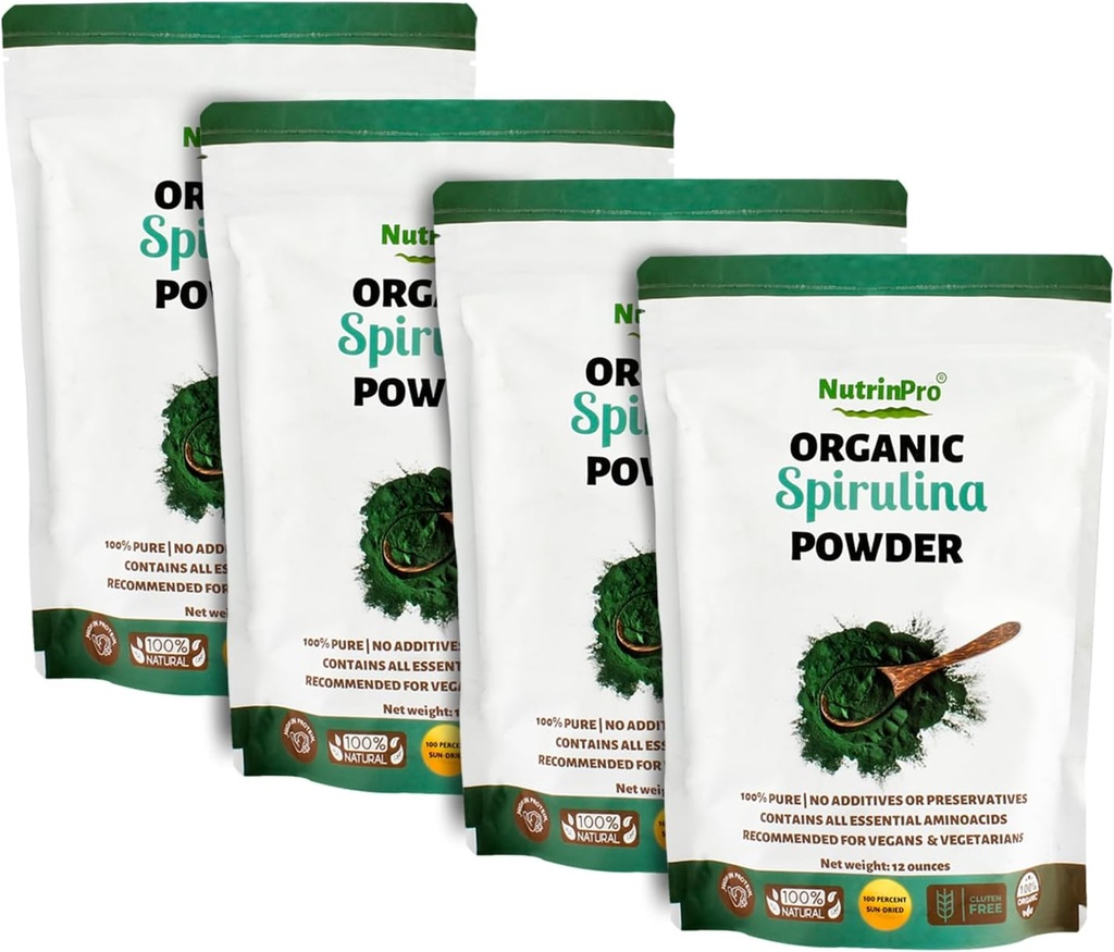 Four Pack Spirulina Powder for Juice and Smoothy Mix; 100% natuurlijk, USDA biologisch en glutenvrij, met hoog eiwit, vitamines, antioxidanten en mineralen (12 Ounces) (4)