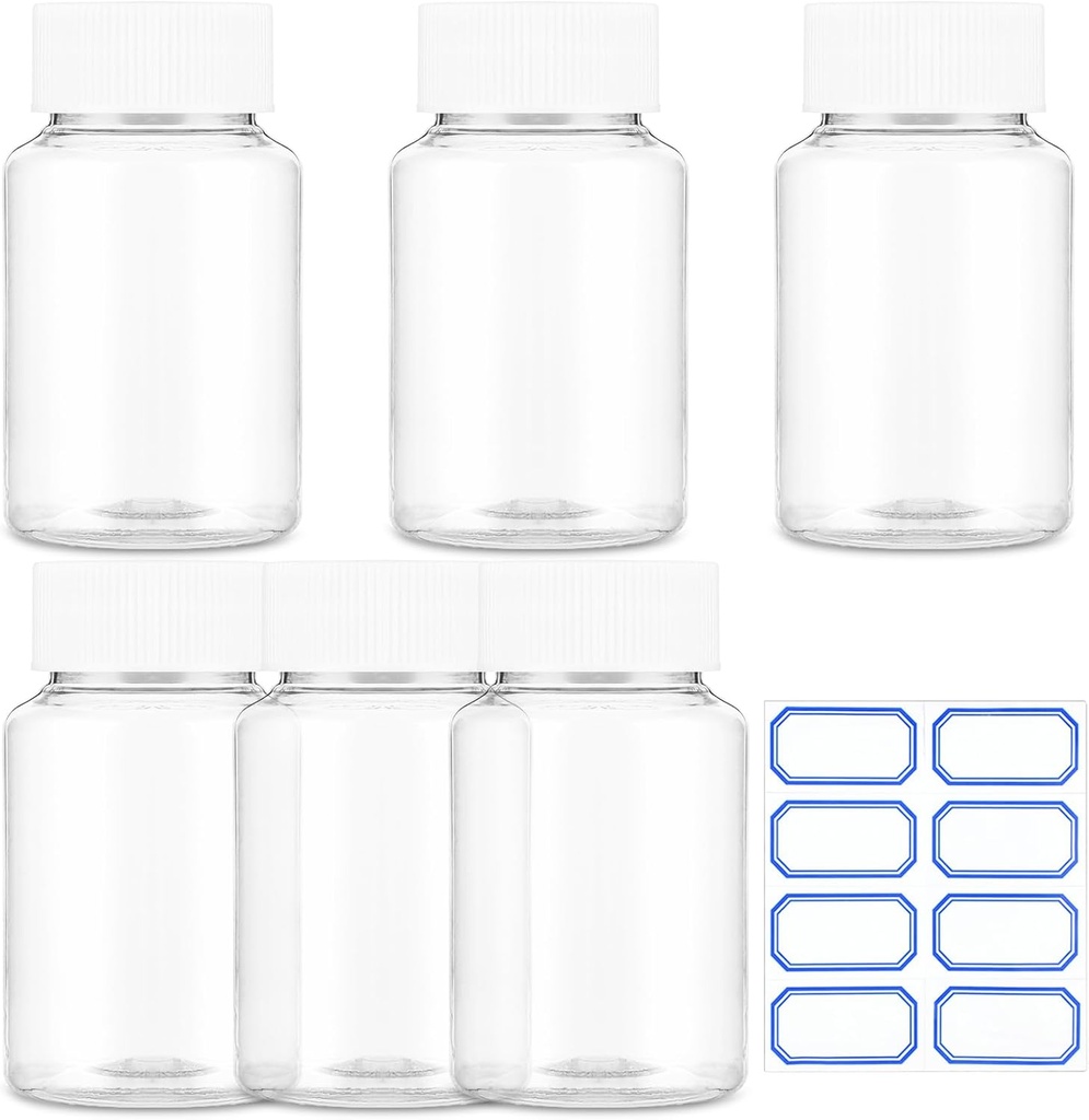 Sibba Clear Pill Bottle 6 stuks Lege Medicine Organisators 30ML Jar Powder Box Opslag Transparante Reagent Containers Plastic Dispenser Leak Proof Caps Receptacle voor Toiletartikelen Counter Labels