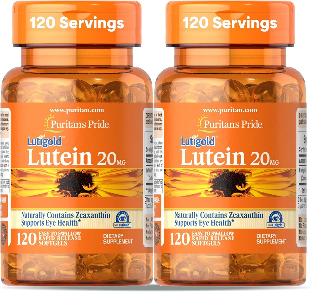Puritan's Pride Premium Lutigold Lutein Caroténoïde 20mg avec Zeaxanthin pour les hommes et les femmes, complément alimentaire pour le soutien de la santé des yeux, 8 mois d'approvisionnement, 120 Softgels faciles à avaler, 2 Pack
