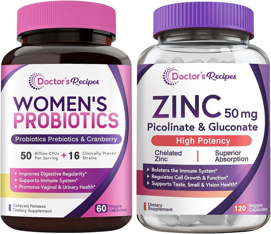 Recepten voor artsen Vrouwen Probiotische & zinkbundel, Digestief, Vaginale & urineweggezondheid, Natuurlijke Immuunverdediging, Vertraagde Release Probiotische Capsules 60ct & Zink Capsules 120 ct