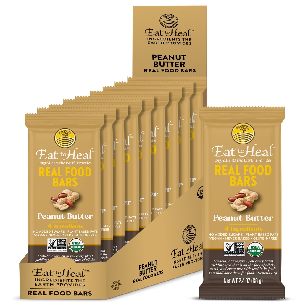 EatToHeal Peanut Butter Real Food Bar - Biologische Vegan Healthy High Protein Bars - Low Sugar Meal Replacement, Non GMO, Nooit gebakken, Plant Based, Gluten Free - Gemaakt om te genieten, Niet zitten op schuren