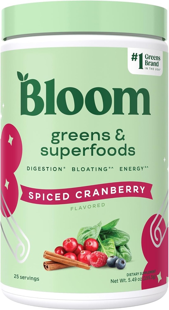 Bloom Nutrition Superfood Greens Powder, Digestieve enzymen met Probiotica en Prebiotica, Gut Health, Bloating Relief for Women, Chlorella, Green Juice Mix met Beet Root, 25 SVG, Spiced Cranberry