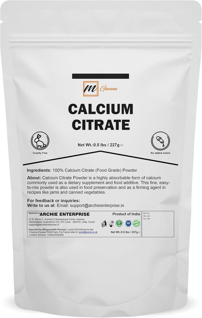 100% Calcium Citrate Powder (Food Grade) Versatile, Highly Absorbable Calcium Source 0.5 lbs/ 227 g