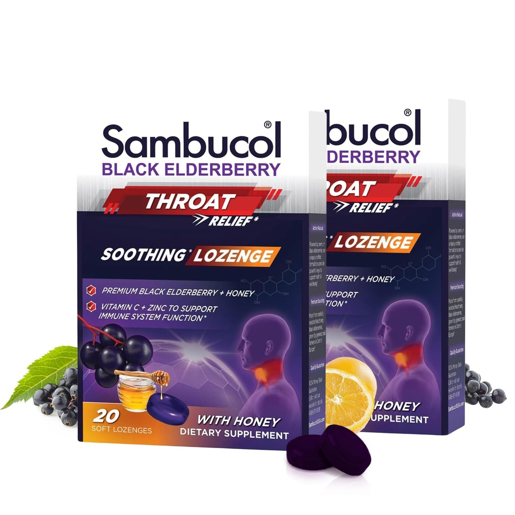 Sambucol Black Elderberry Throat Lozenge - met honing, vitamine C & Zink, vlierbes lozen Sore Throat & Cough, Soothes Scratchy Throat, Soft & Chewy - 2 Pack (40 Total Pastilles)