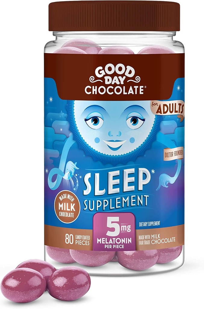 Bonne journée de chocolat Mélatonine pour adultes [ 80 Compte ] - Commerce équitable Chocolat de lait non OGM avec camomille et mélatonine 5 mg - Melatonine pour adultes, supplément d'aide naturelle au sommeil pour adultes