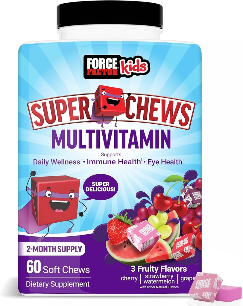 Kracht Factor Kids Multivitamine Super Kauwen, Kids Vitaminen ter ondersteuning van Wellness, Immune Health, Eye Health, & Meer met 18 Vitaminen, Mineralen, & Antioxidanten, 2-maand levering, Multi-Smaak, 60 Zachte Kauwen