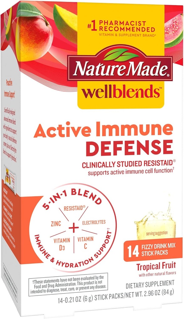 Nature Made Wellblends Actieve Immune Defense Fizzy Drink Mix, ResistAid, Vitamine C 500mg, Vitamine D 1000 IE, Zink en Elektrolyten Poeder, 14 Stick Packs