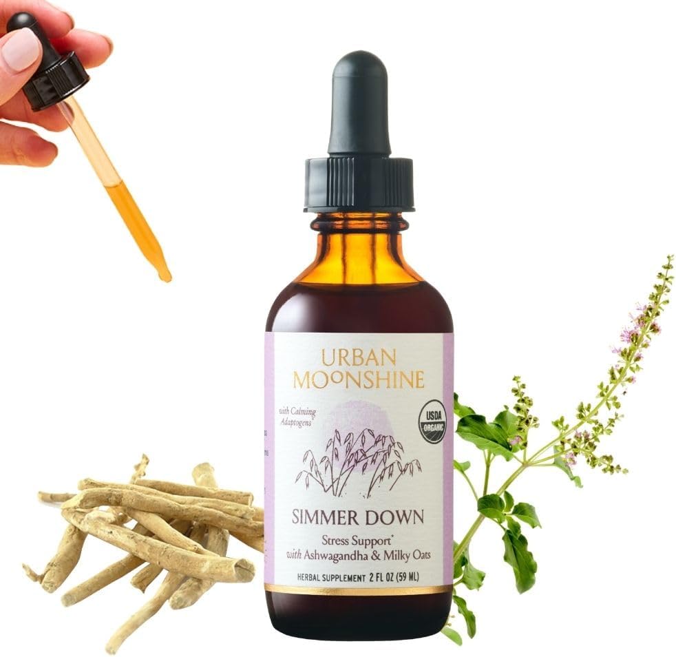 Urban Moonshine Simmer Down Tonic - Stress Support* avec Ashwagandha et l'avoine lactée - Soignes Nervosité et irritabilité* - Promotion de l'humeur Mellow* - Supplément sans gluten à base de plantes - 2 Fl Oz