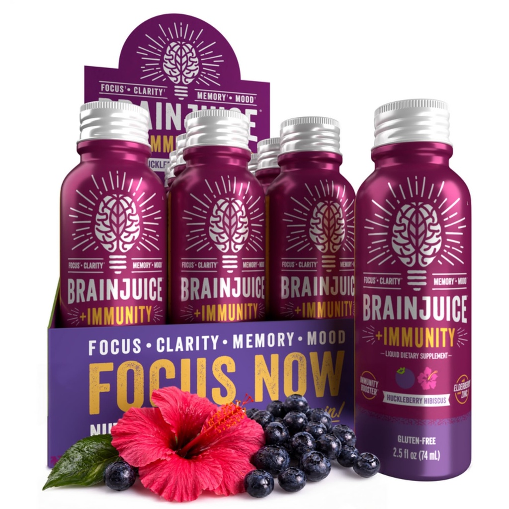BrainJuice Brain en Immune Support Shot, Glutenvrije Supplement Shots voor energie, Focus, Immuniteit met Vitamine D, C B, Alpha GPC & Biologische Gemberwortel, Huckleberry Hibiscus, 2.5 fl oz, 12 Pack