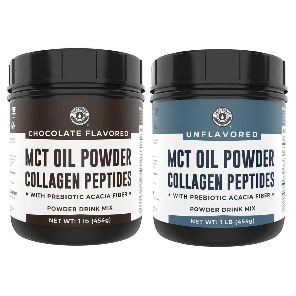 Left Coast Performance Chocolate MCT Oil Powder & Collageen Peptides, 1lb + Unflavored MCT Oil Powder & Collageen Peptides, 1lb