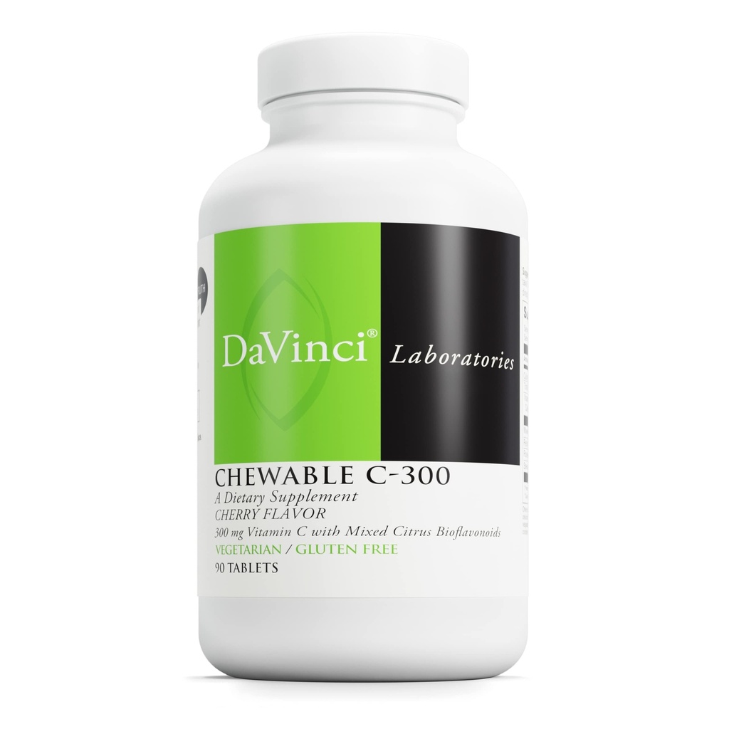 DaVinci Labs Chewable C-300 - Supplément de vitamine C pour soutenir la santé immunitaire, le cholestérol et la production de collagène - avec la vitamine C, la pectine et plus - Sans gluten - Saveur de cerise - 90 comprimés végétariens