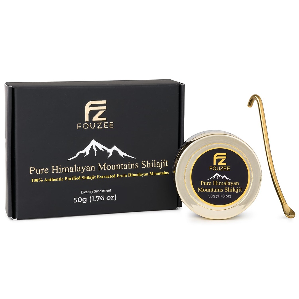 FOUZEE Pure Himalaya Mountains Shilajit - 77% + Fulvic Acid Authentic Hard Consistency, Natural Source of Fulvic Acid, Meer dan 85 Trace Minerals, Inclusief Roestvrij stalen Lepel (50 Gram)
