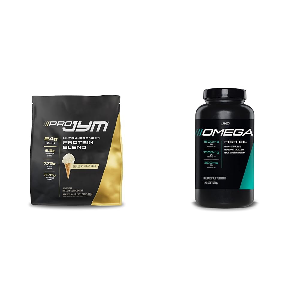 JYM Supplement Science PRO JYM 45 Servers - Tahitian Vanilla Bean & mg, High Potency Omega 3, EPA, DHA, DPA for Brain, Heart, & Joint Support 120 Soft Gels