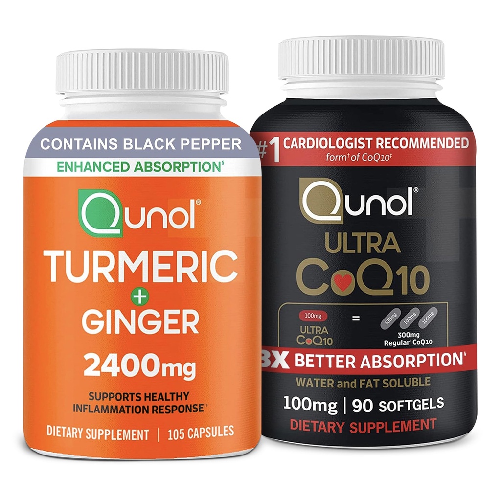 Qunol CoQ10 & Kurkuma: Kurkuma Curcumine, 2400mg, 105 Capsules & Ultra CoQ10 100mg, 90 Softgels