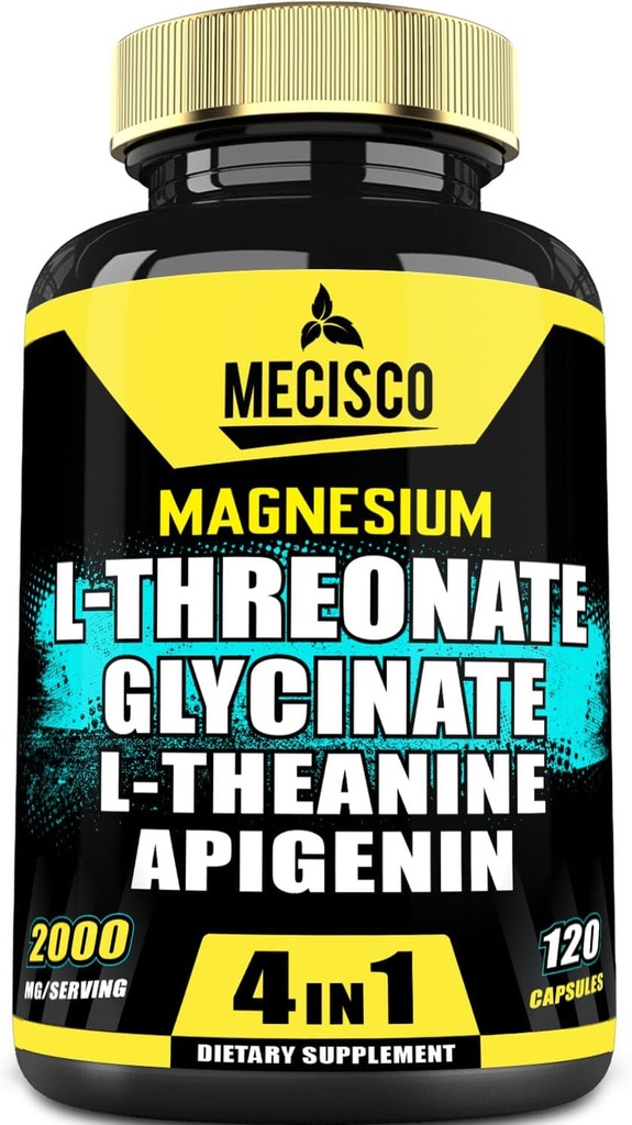 2000mg Supplément Thréonate de magnésium L avec Glycinate de magnésium, L-Theanine et Apigenin - humeur positive, santé cérébrale, capacité de se souvenir et soutien de la croissance musculaire - 120 capsules