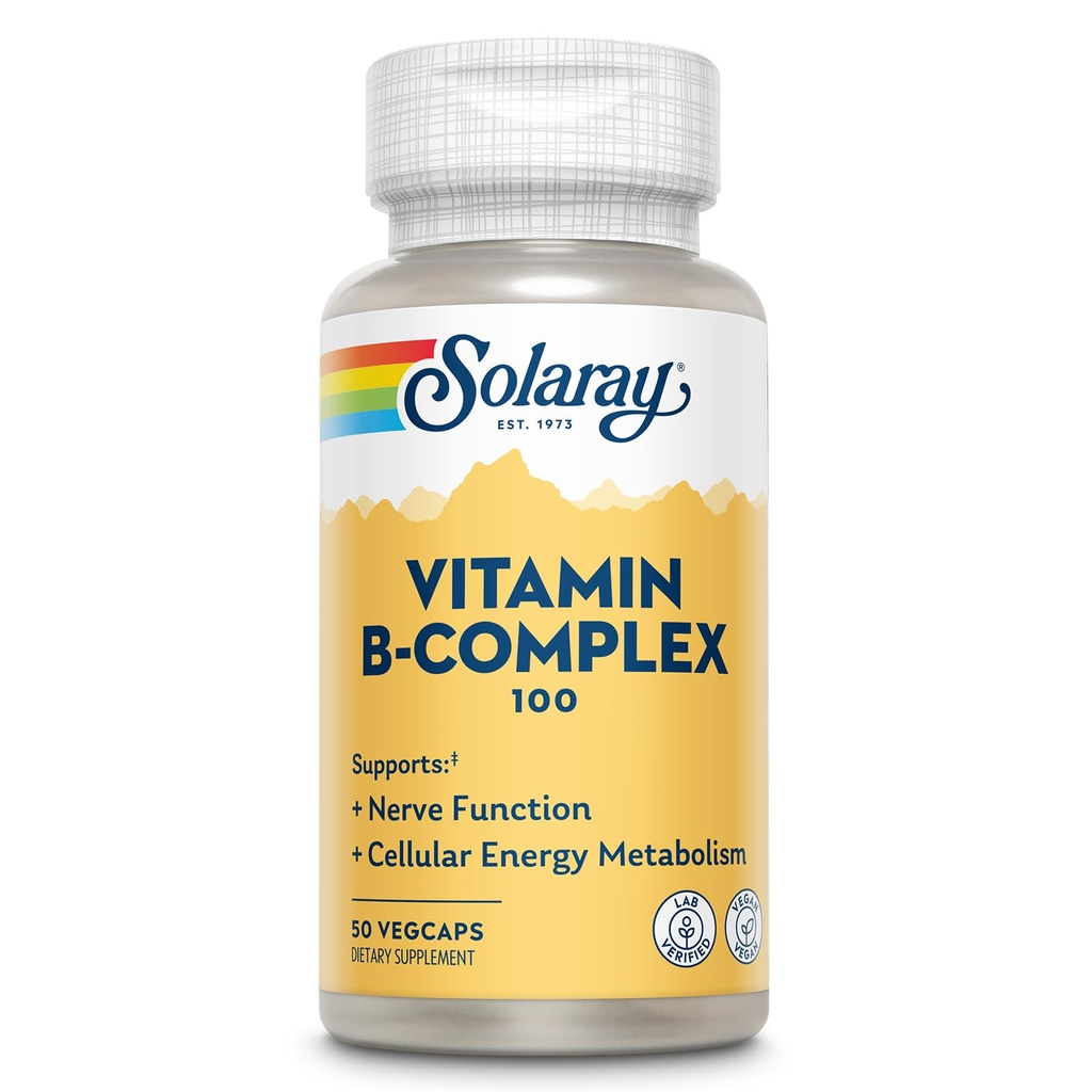 Solaray Complexe Vitamine B 100mg - Soutien à l'énergie cellulaire, aux nerfs et à la santé cardiaque - Fournitures Tous les 8 B Vitamines complexes - Vitamine B12, B1, B2, B3, B6, Niacine, acide folique et biotine - Vegan, 50 portions