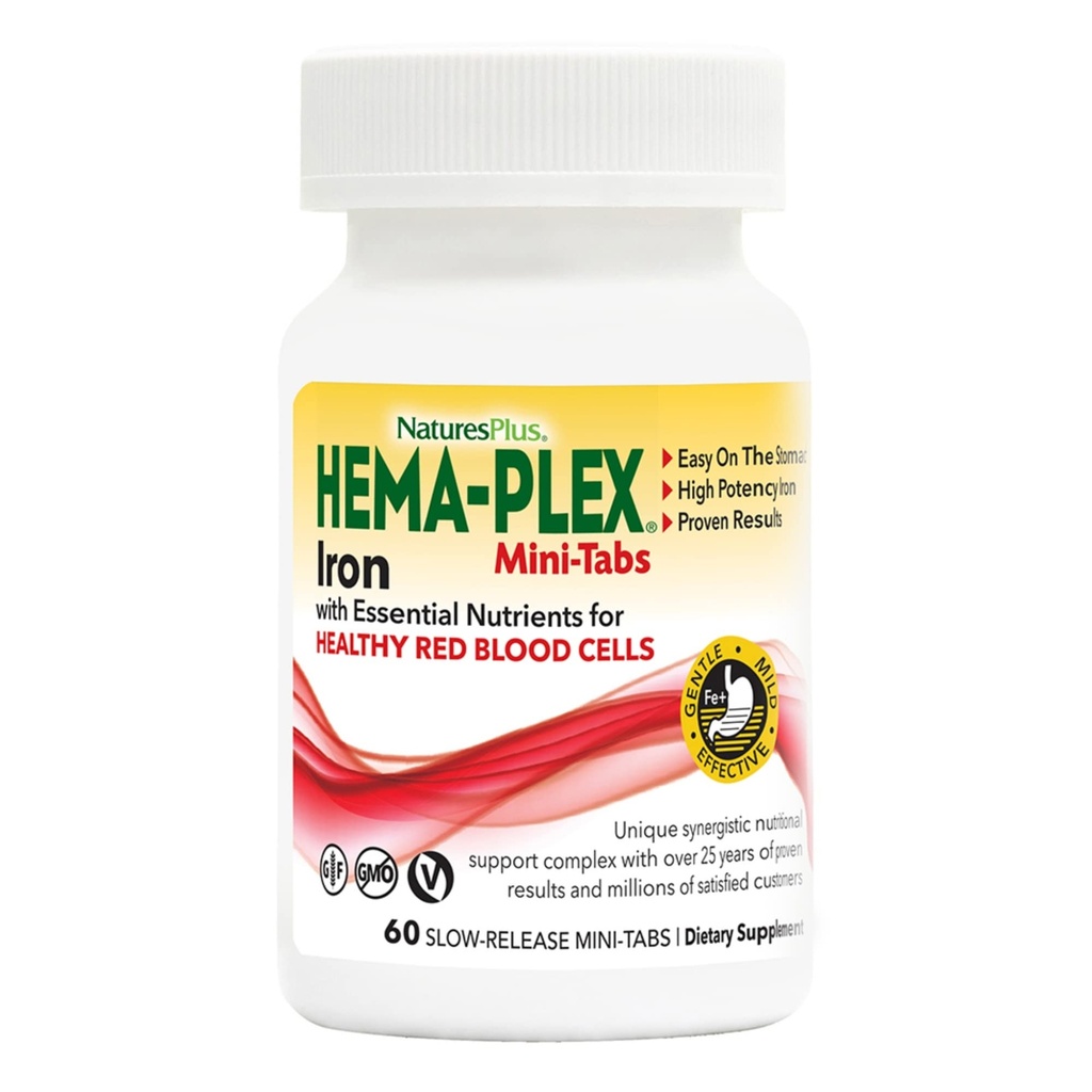 NaturesPlus Hema-Plex Iron - 60 Slow-Release Mini-Tabs - 85 mg gecheleerd ijzer - totale bloedgezondheid - met vitamine C & Bioflavonoïden - veganistisch, glutenvrij - 30 porties