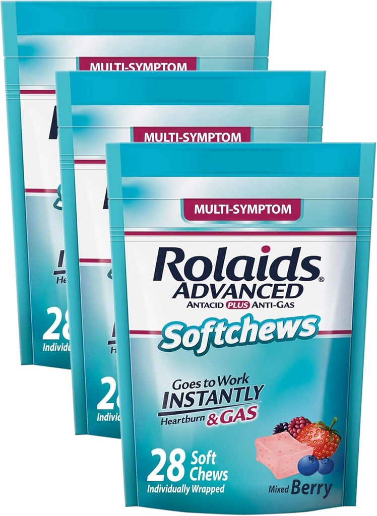 Rolaids Advanced Antacid Plus Anti-Gas Softchews, 28 Tellen, Gemengde Berry, Heartburn en Gas Relief (pakket van 3)