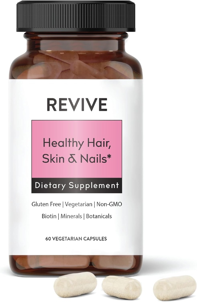 Supplément santé de la peau, des cheveux et des ongles par les huiles essentielles Revive - Soutient les cheveux sains avec la forme sous-tendue de la biotine - Ashwagandha pour le soutien du stress - Plus vitamines et minéraux