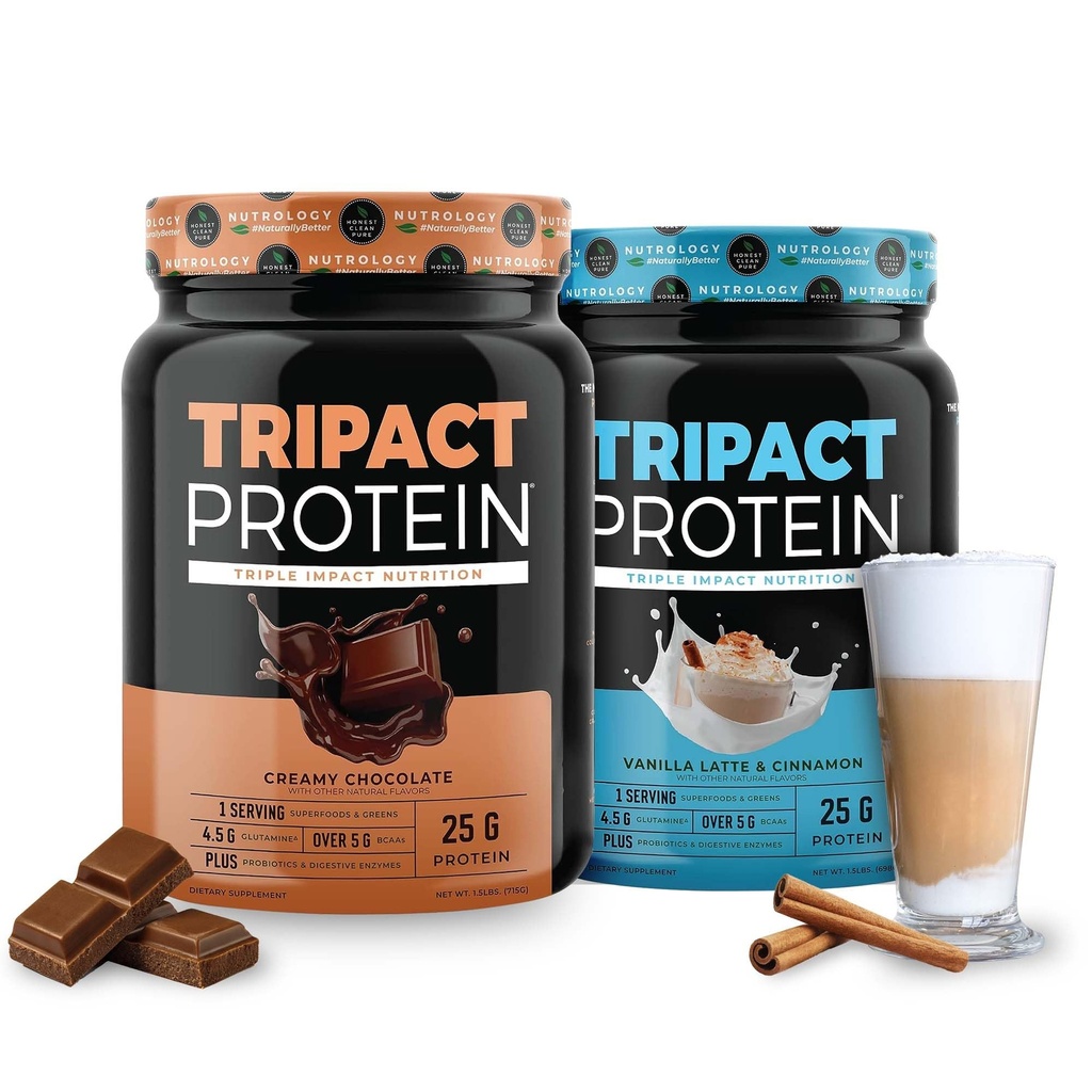 Nutrologie TRIPACT Protéines - Nourriture Premium Shake - Protéines de lactosérum non OGM, Protéines végétales, Verts, Superaliments et probiotiques - 5g BCAAs - Chocolat crémeux et VanillaLatte avec/Cannelle 1,5lb Chaque
