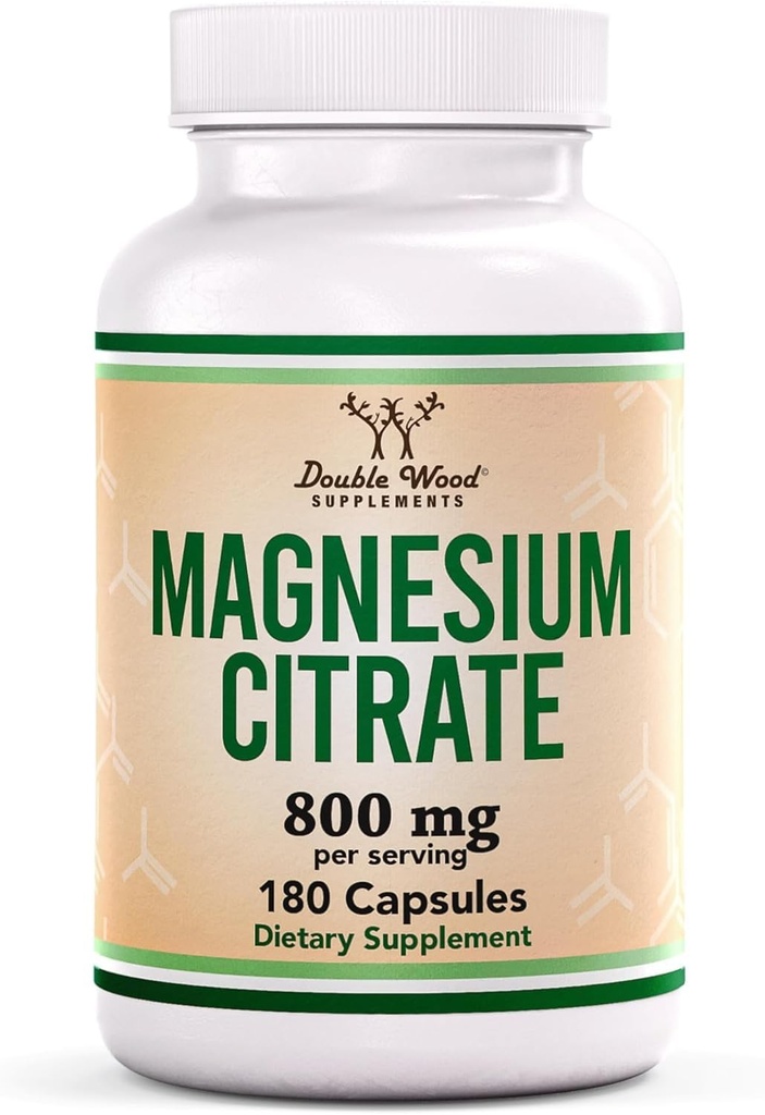 Magnesium Citrate 800mg, 180 Capsules, Digestion & Constipation Support, Vegan Safe, Non-GMO, Double Wood Supplements