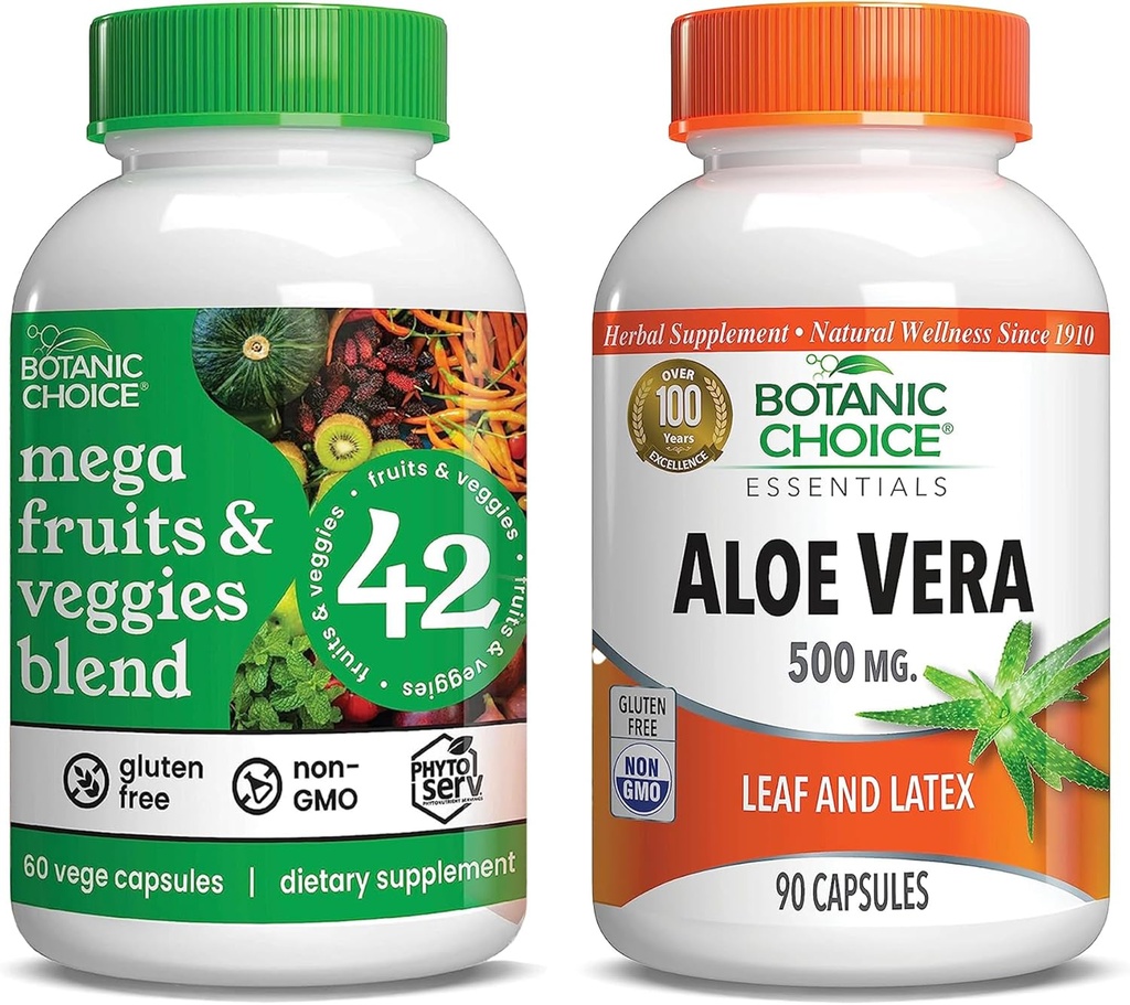 Botanic Choice Mega Fruits and Veggies Blend (60 Capsules) + Aloë Vera (90 Capsules) Bundel - Energiebalans & Superfood Supplement + Digestieve Gezondheidsondersteuning