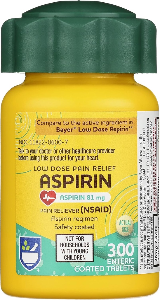 Aspirine Aspirine Comprimés entériques, 81 mg Aspirine - 300 Compte, soulagement de la douleur à faible dose, aspirine pour soulagement des maux de tête, comprimés entériques enrobés de sécurité, régime d'aspirine, migraine, soulagement de la douleur