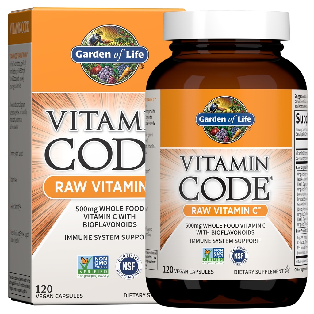 Garden of Life Vitamin Code Raw Vitamin C - 120 Capsules, 500mg Whole Food Vitamin C Capsules + Fruit & Veggie Blend & Probiotica, Supplementen voor Volwassenen, Vegan, Glutenvrij