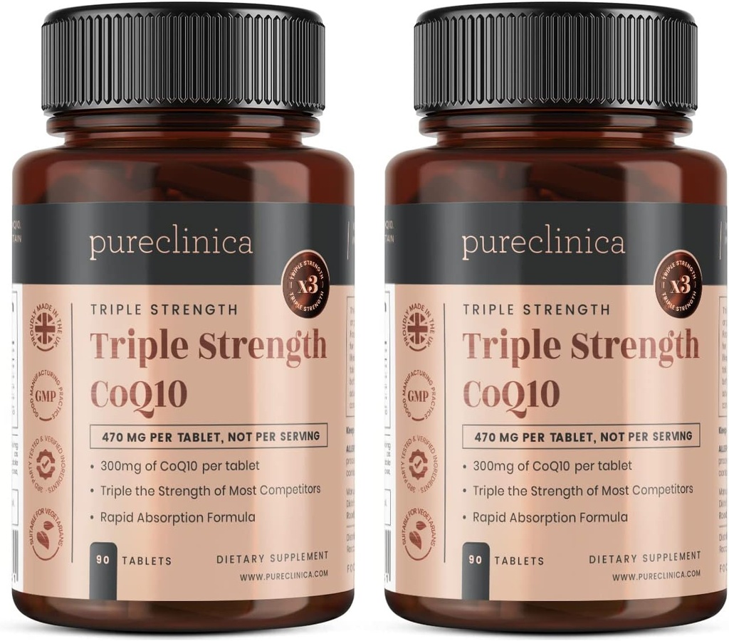 Pureclinica Gefermenteerde CoQ10 300 mg x 180 tabletten (2 flessen van 90 tabletten) - 6 maanden Levering. Niet GGO, USP-graad. met toegevoegde vitamine C & Black Pepper Extract voor Absorptie.