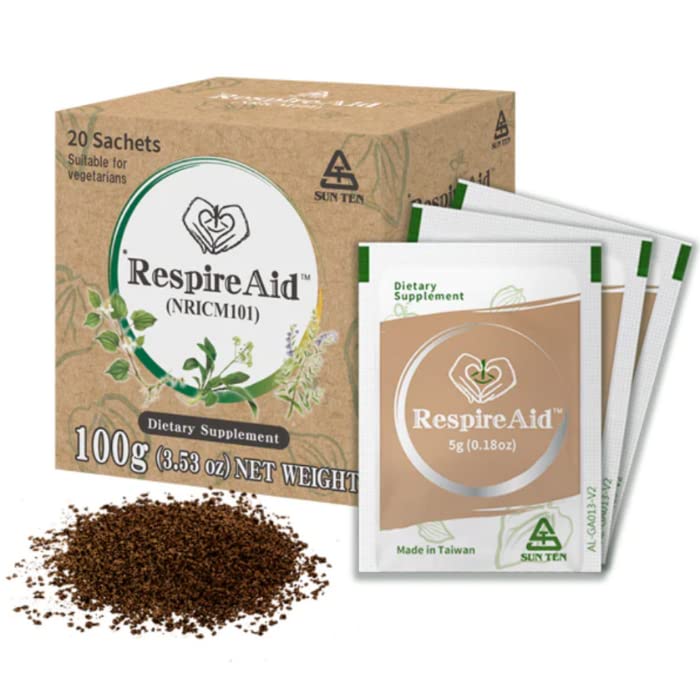 SUNTEN RespireAidTM All-Natural Lung Cleanse & Detox. Bevat natuurlijke kruideneigenschappen ter ondersteuning van gezonde longfunctie en ademen. 100g (20 sachets); 5g per sachet